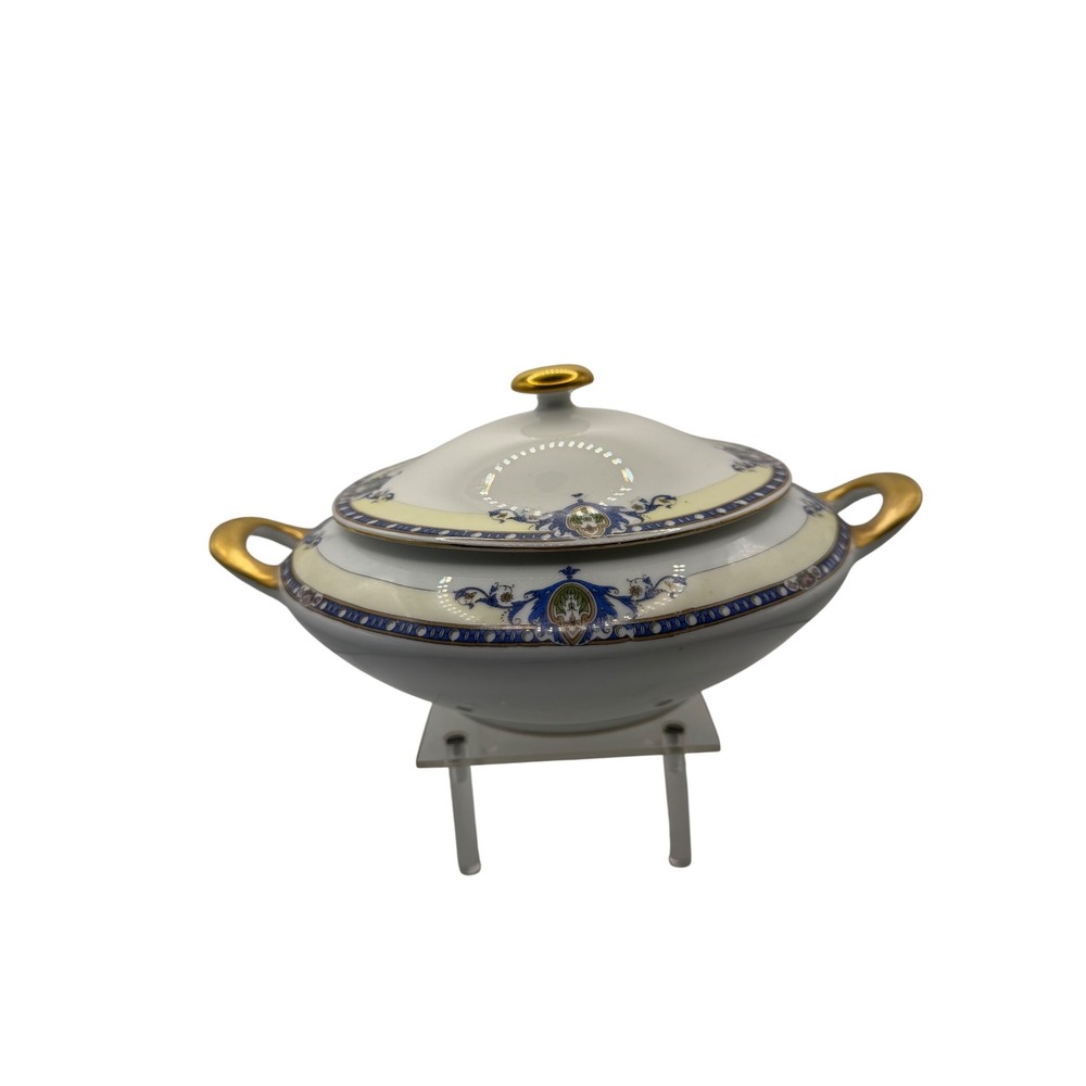 Victoria Czecho-Slovakia Porcelain Lidded Tureen Gold Gilt BlueCream ServingBowl